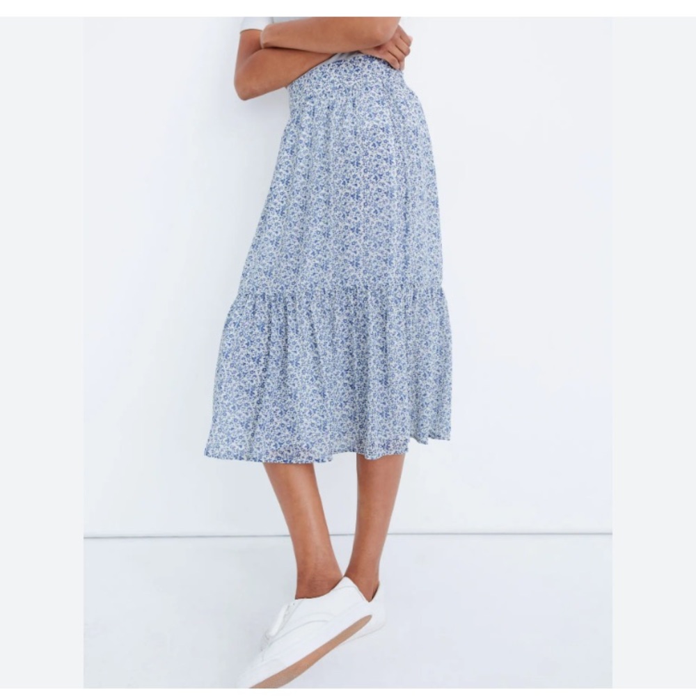 Madewell Tiered Peasant Flowy Blue & White Floral Midi Skirt, NWT Sz 2XL - Picture 3 of 13